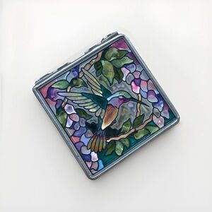 Hand painted AMIA Hummingbird Stained Glass Trinket Box Mirrored Bottom VINTAGE